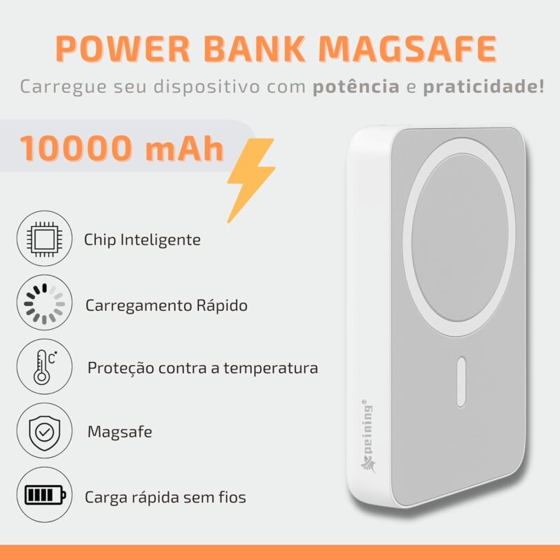 Power Bank 10.000 mAh, Carregador Portátil Turbo por Indução Carregamento Rápido Compatível com Iphone, Bateria Externa Compacta Magnética Premium Peining - Imagem 3
