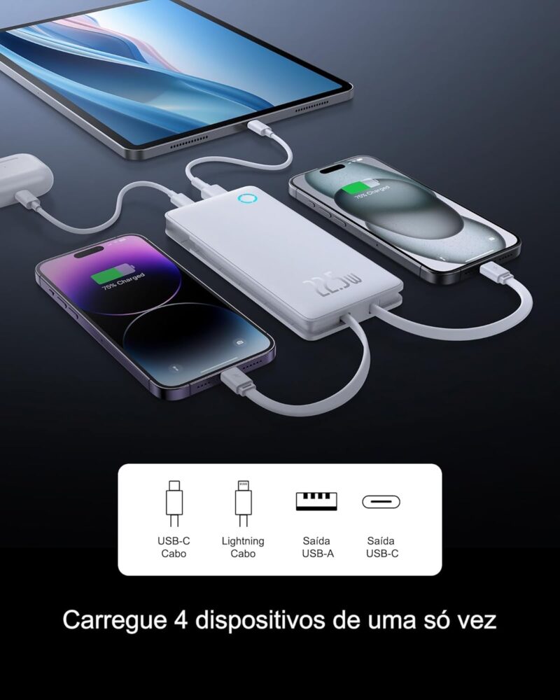 Carregador Portátil Baseus Digital Display Power Bank carregamento rápido 15W/20W/22.5W (Branco 22.5W, Milliamp Hours, 10000) - Imagem 4
