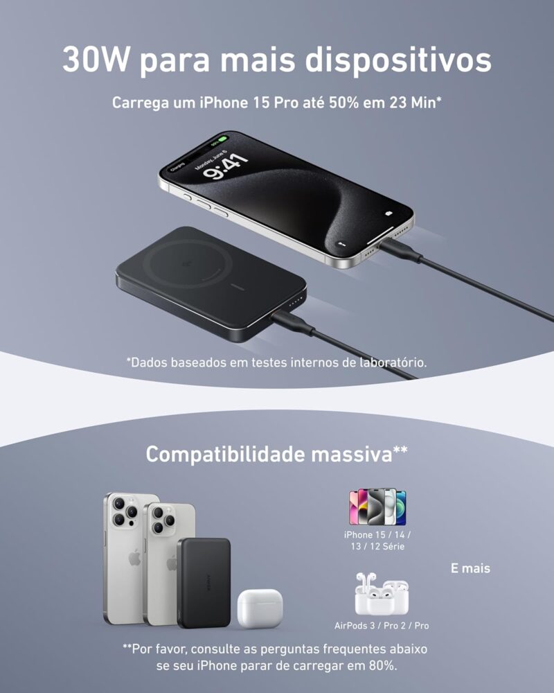 Anker MagGo Power Bank, Bateria Magnética Ultra Fina de 10.000mAh, Certificação Qi2, Portátil, Carregador MagSafe Compatível de 15W Ultra Rápido, Design Ergonômico, para iPhone 12-iPhone 17, Preto - Imagem 6