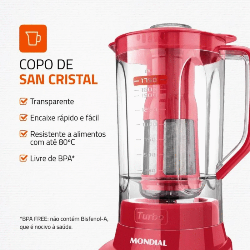 Liquidificador Mondial Turbo L-900 FR Copo Com Filtro 05 Velocidades 900W - Imagem 6