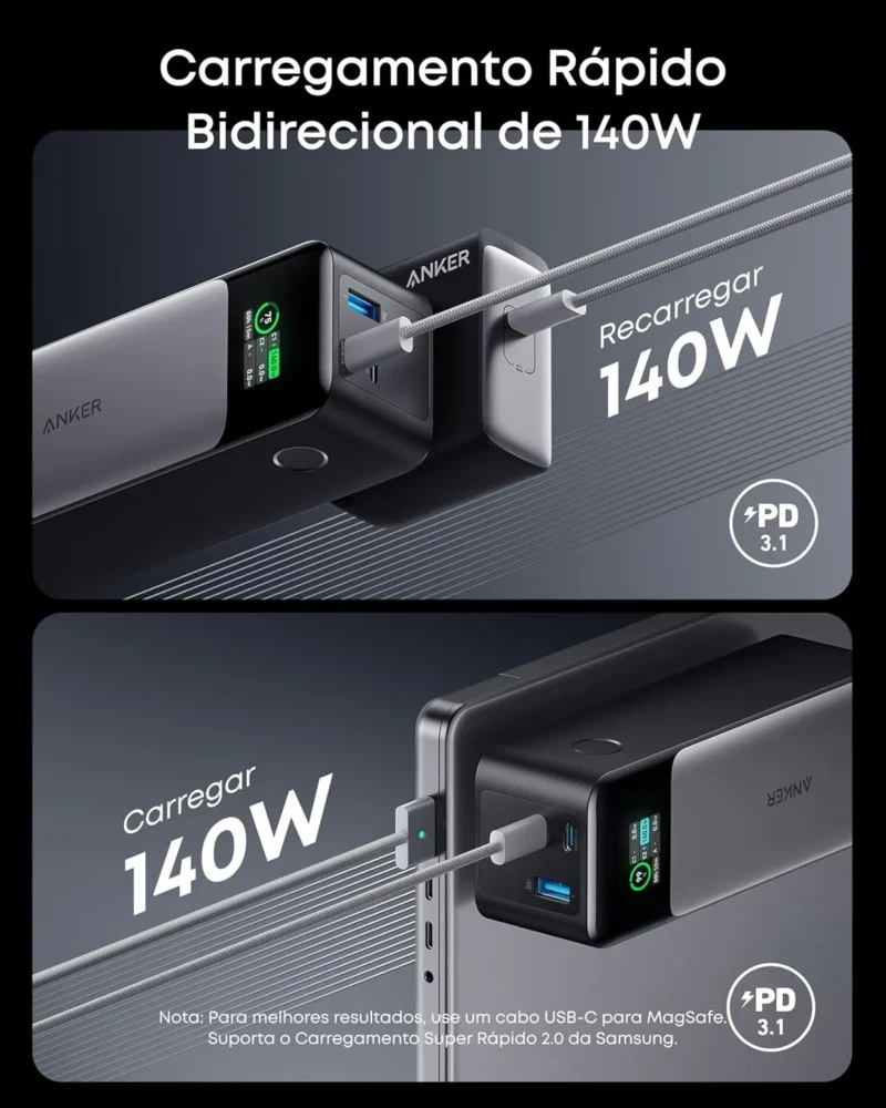 Anker 737 Gen 2 Power Bank, 24000mAh, Carregador Portátil para Laptop, 3-Portas 140W, Display Digital Inteligente, Compatível com iPhone, Vision Pro, Samsung, MacBook, Dell, AirPods e muito mais,Preto - Imagem 5