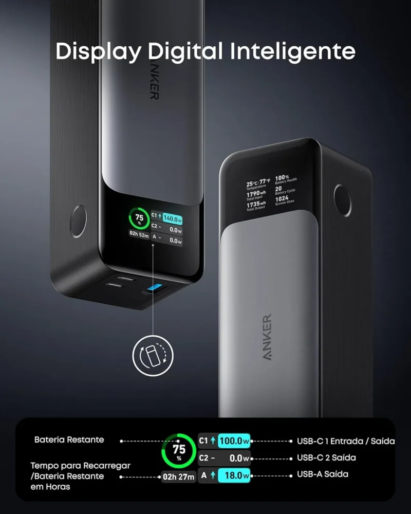 Anker 737 Gen 2 Power Bank, 24000mAh, Carregador Portátil para Laptop, 3-Portas 140W, Display Digital Inteligente, Compatível com iPhone, Vision Pro, Samsung, MacBook, Dell, AirPods e muito mais,Preto - Imagem 3